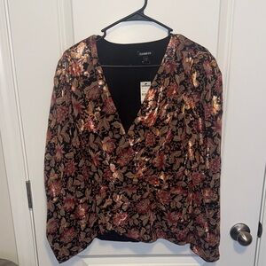 Express Floral V-Neck Blouse - Black, Red, and Metallic!
